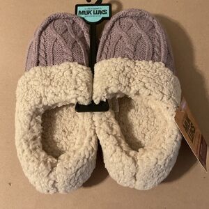 Muk Luks Lavender Knit Slippers with Cream Sherpa Cuff
